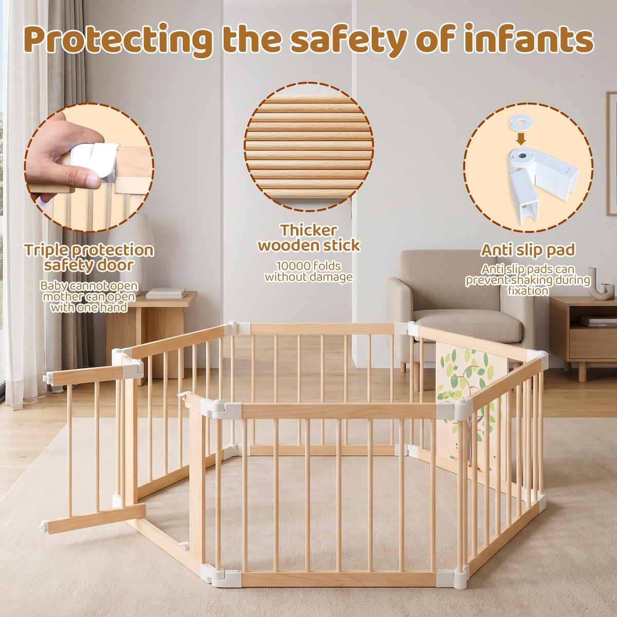 Foldable Wooden Baby Playpen with Adjustable Size and Shape C733