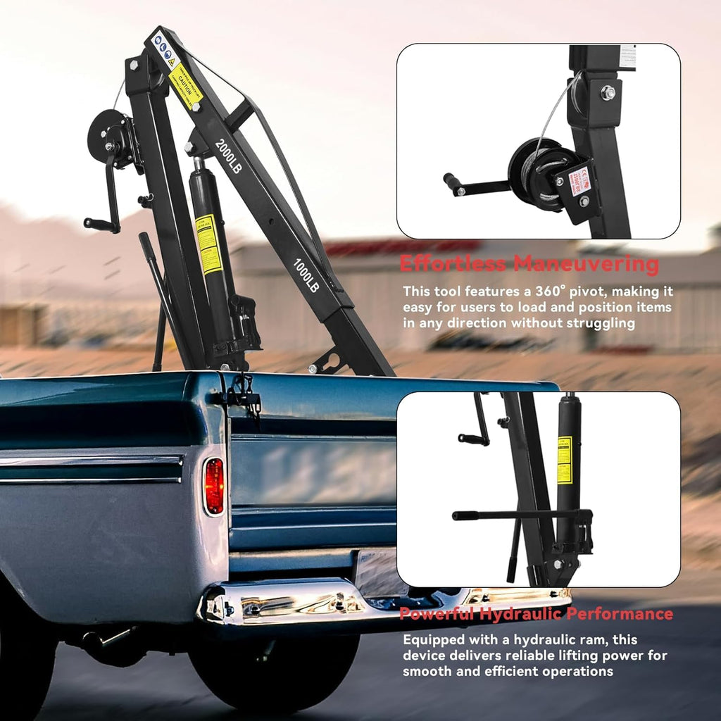Hydraulic Pickup Truck Crane with Hand Winch, 2000 lb Capacity, 360° Rotation, Black N652