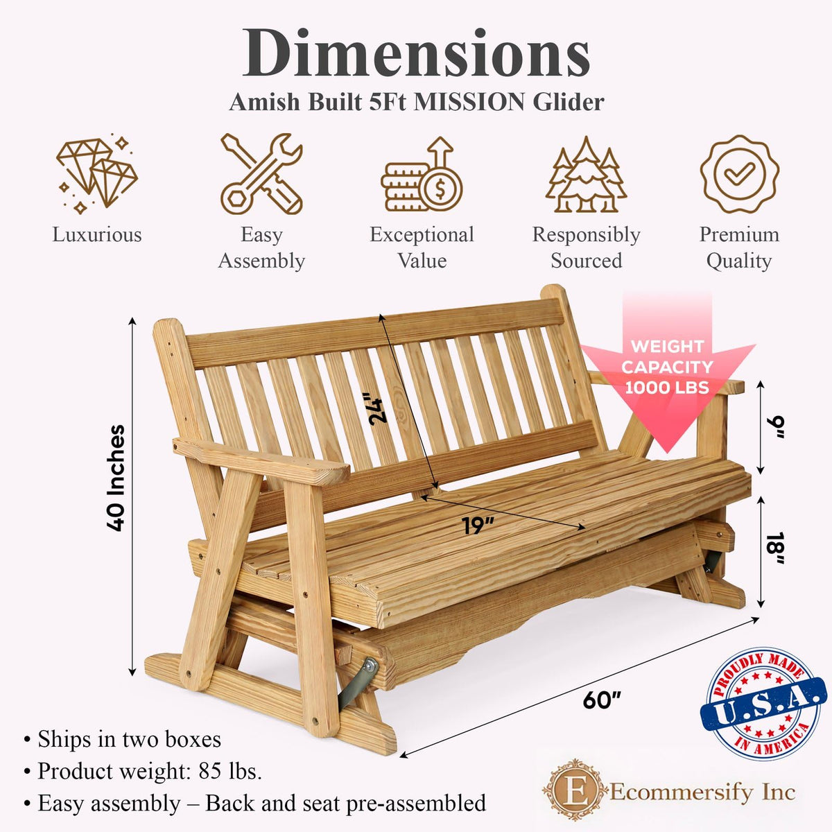 5 FT Natural Solid Pine Wood Glider Bench for 3 Person W2161