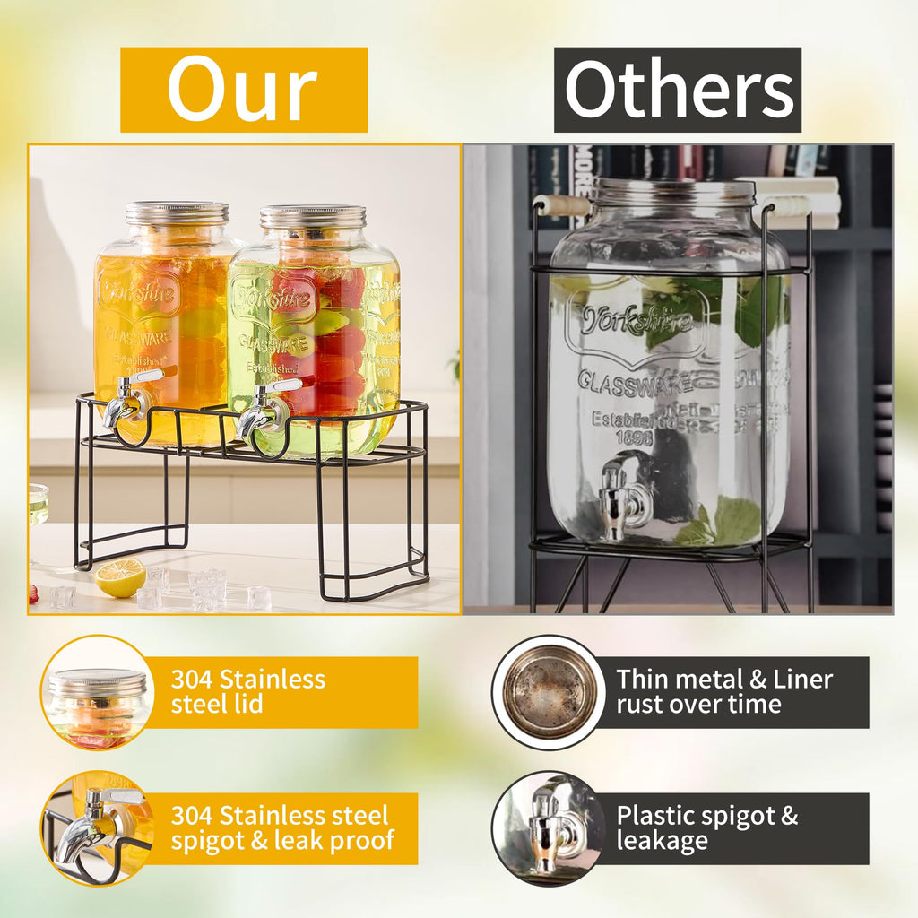 1 Gallon Glass Beverage Dispenser Set of 2 with Stand & Fruit Infuser D997