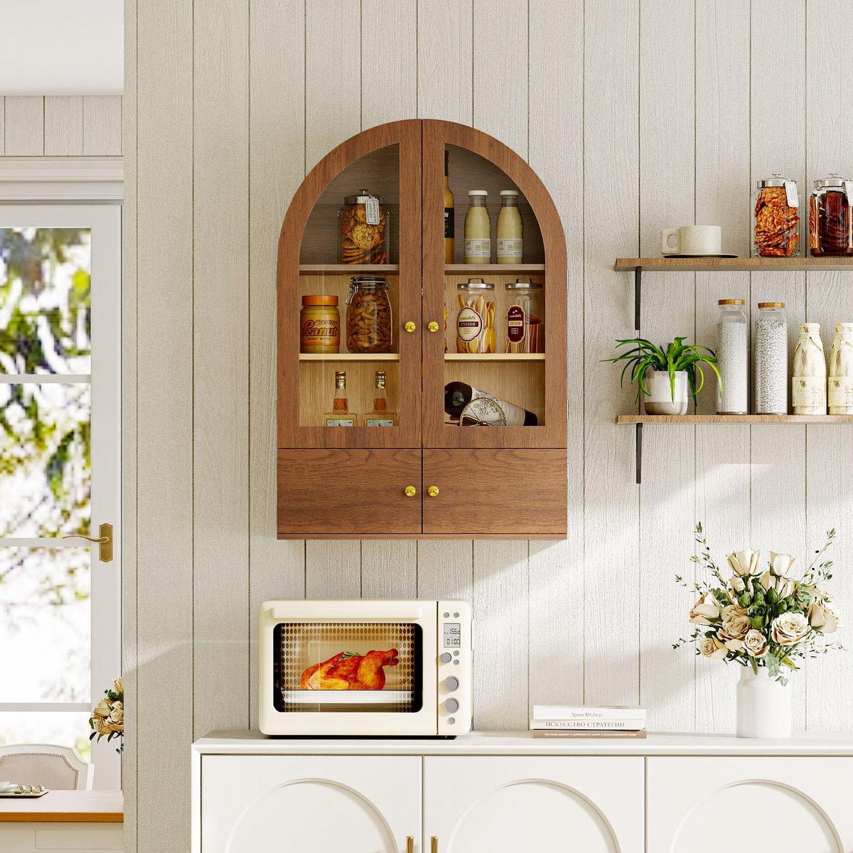 Arched Wall Cabinet with Glass Doors and Adjustable Shelves O7774
