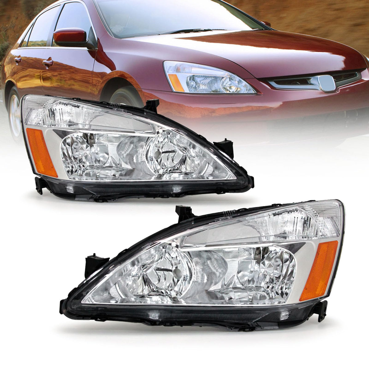 Headlight Assembly for 2003-2007 Honda Accord Chrome Housing Amber Reflector Pair E3317
