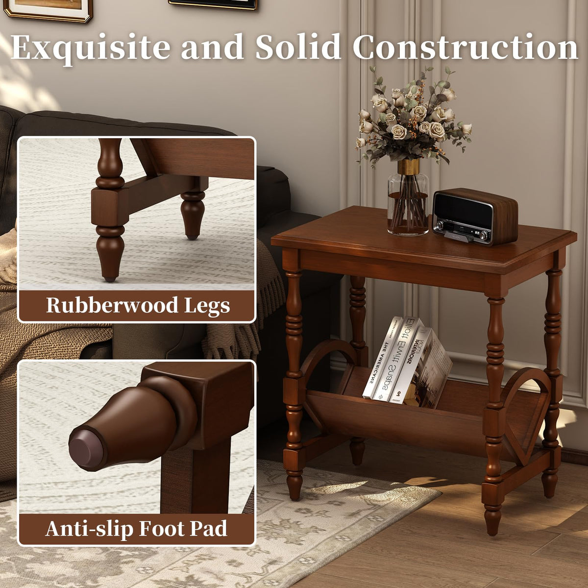 Wood End Table with Magazine Rack and Rubberwood Legs I672160