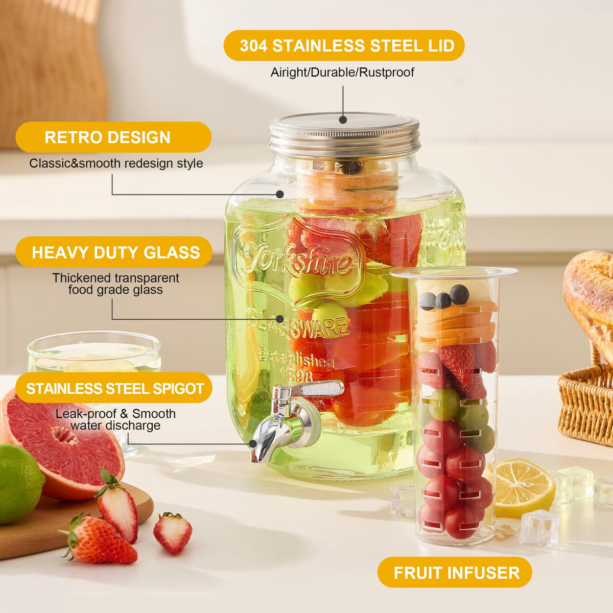 1 Gallon Glass Beverage Dispenser Set of 2 with Stand & Fruit Infuser D997
