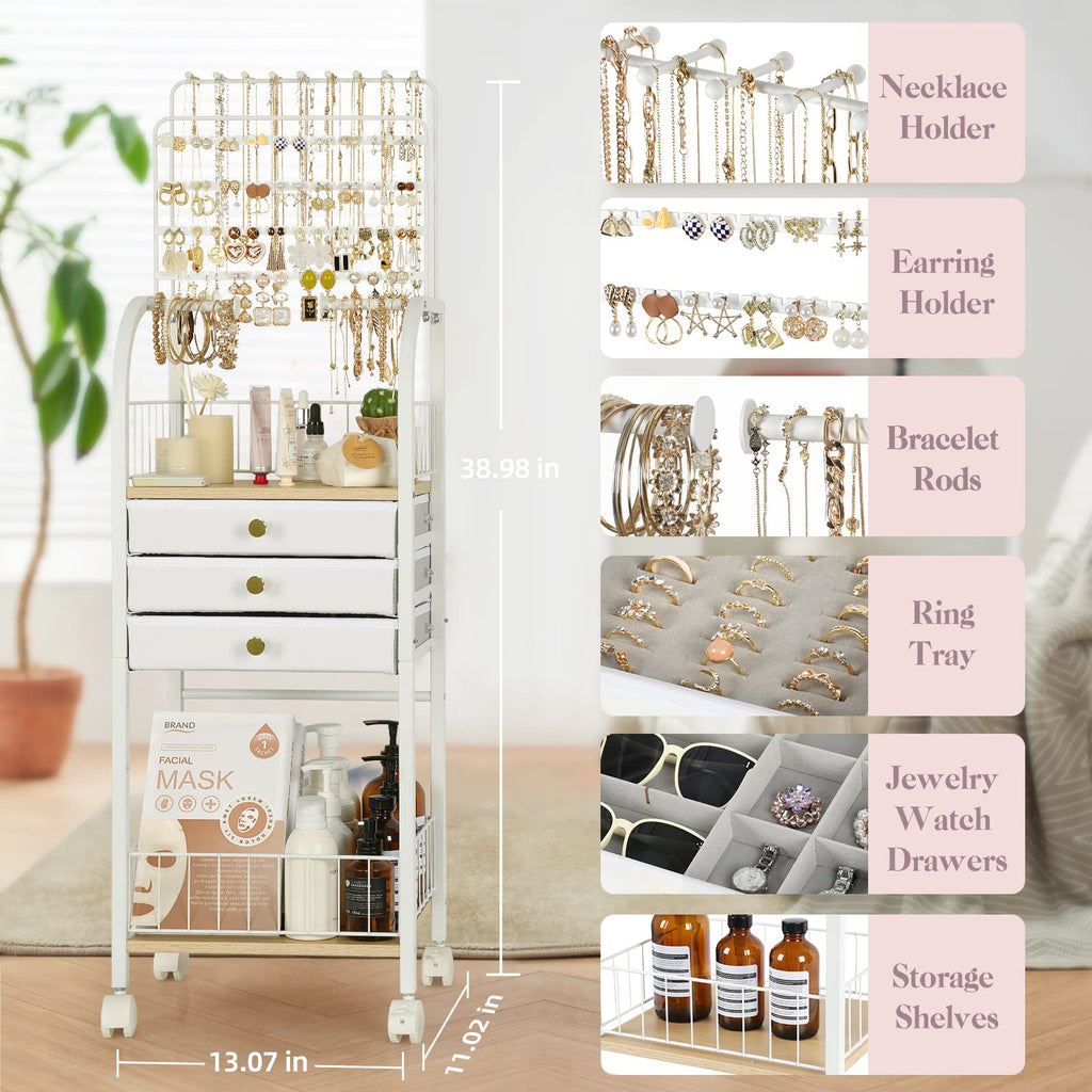 Large White 3 Drawer Floor Jewelry Organizer Stand Z4530