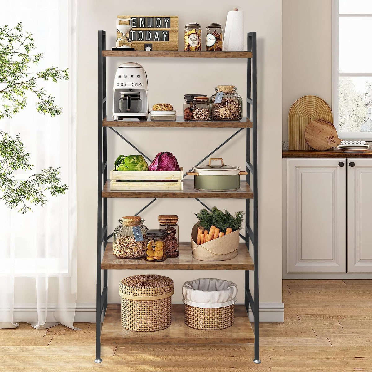 5 Tier Rustic Brown Wood and Metal Bookshelf N10044