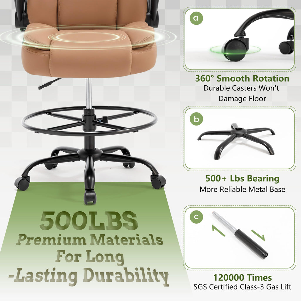 Brown High Back Upholstered Drafting Chair with Flip-up Armrests C342128