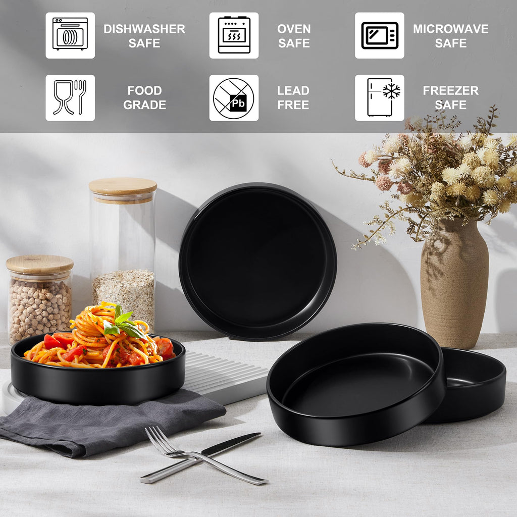 Stoneware Dinnerware Set, 12-Piece Plates and Bowls, Set of 4, Matte Black I7466