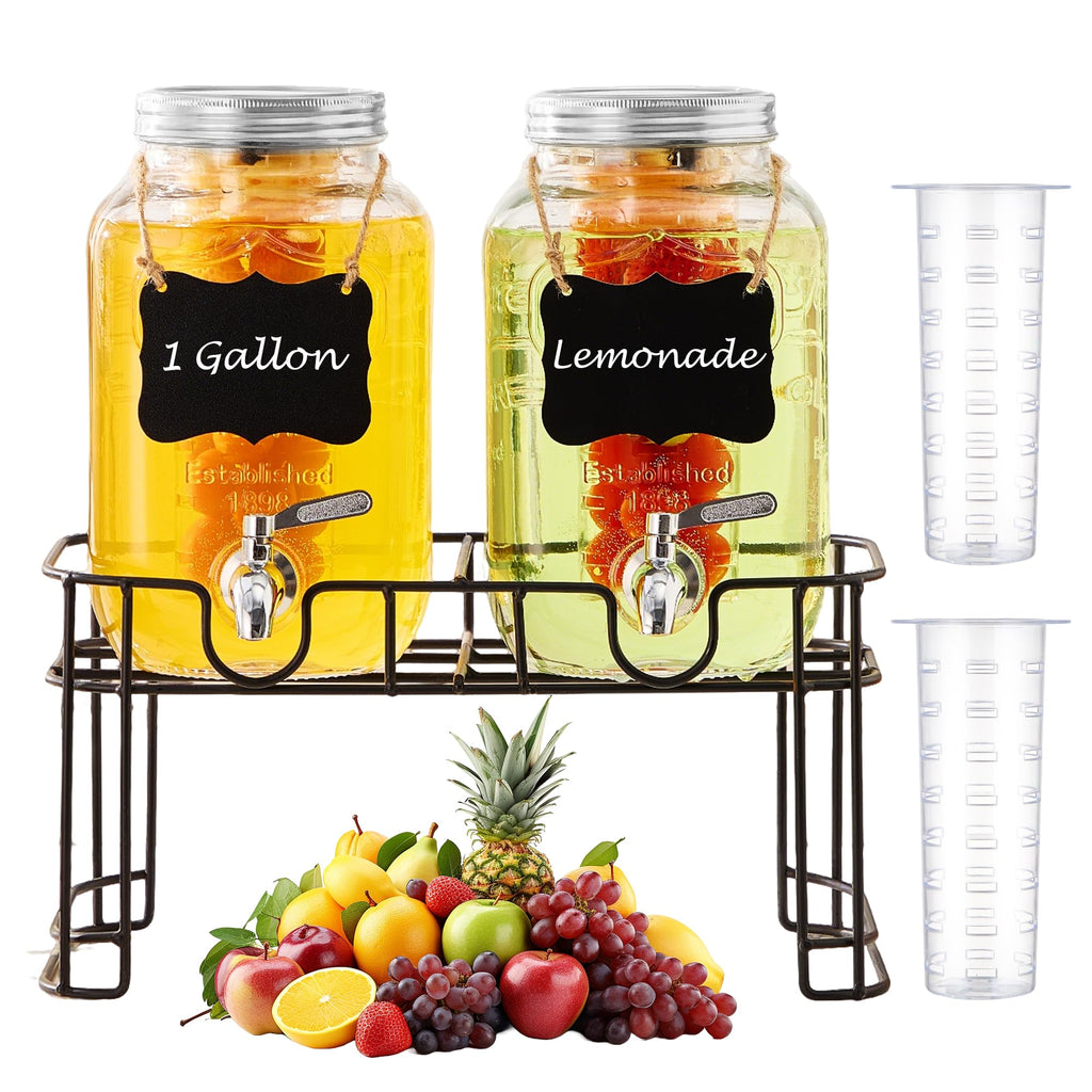 1 Gallon Glass Beverage Dispenser Set of 2 with Stand & Fruit Infuser D997