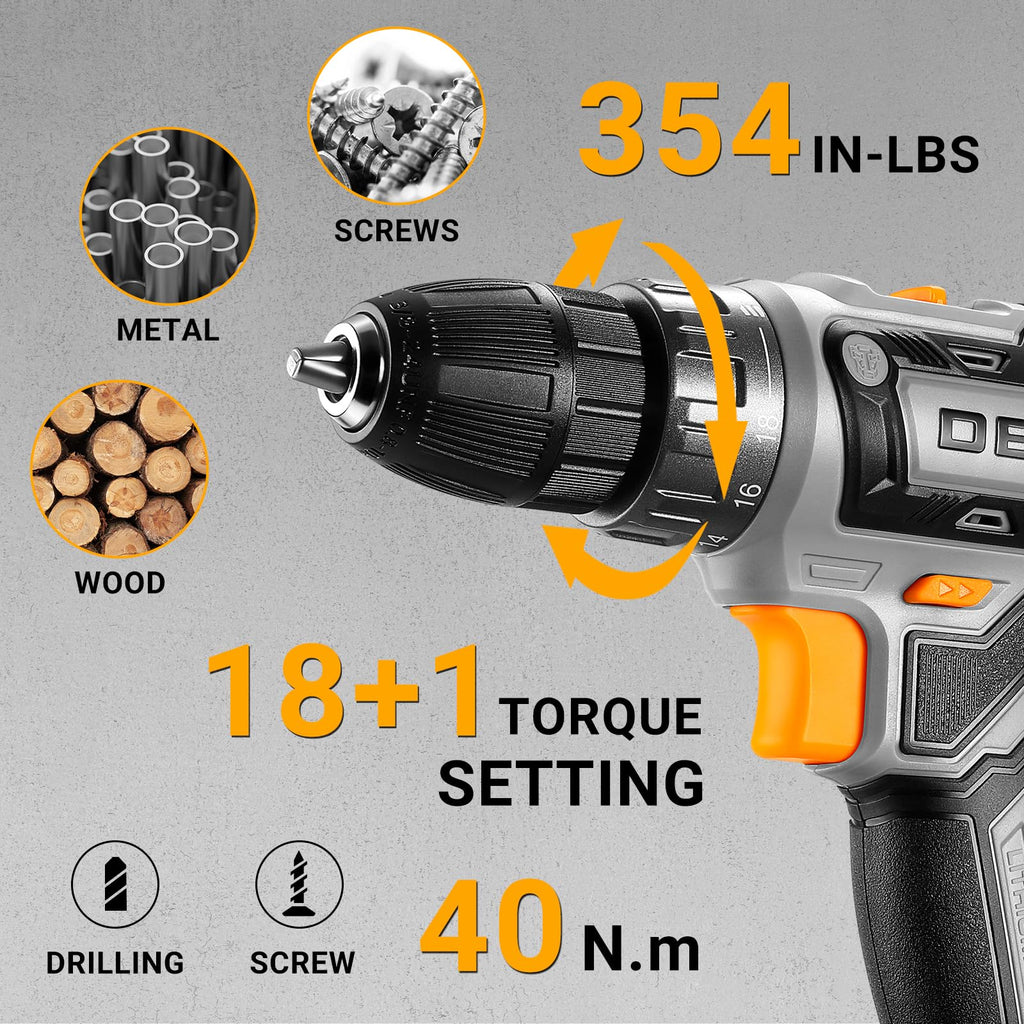 Cordless Power Drill 20V with 3/8-Inch Keyless Chuck, Variable Speed, 2 Batteries O100