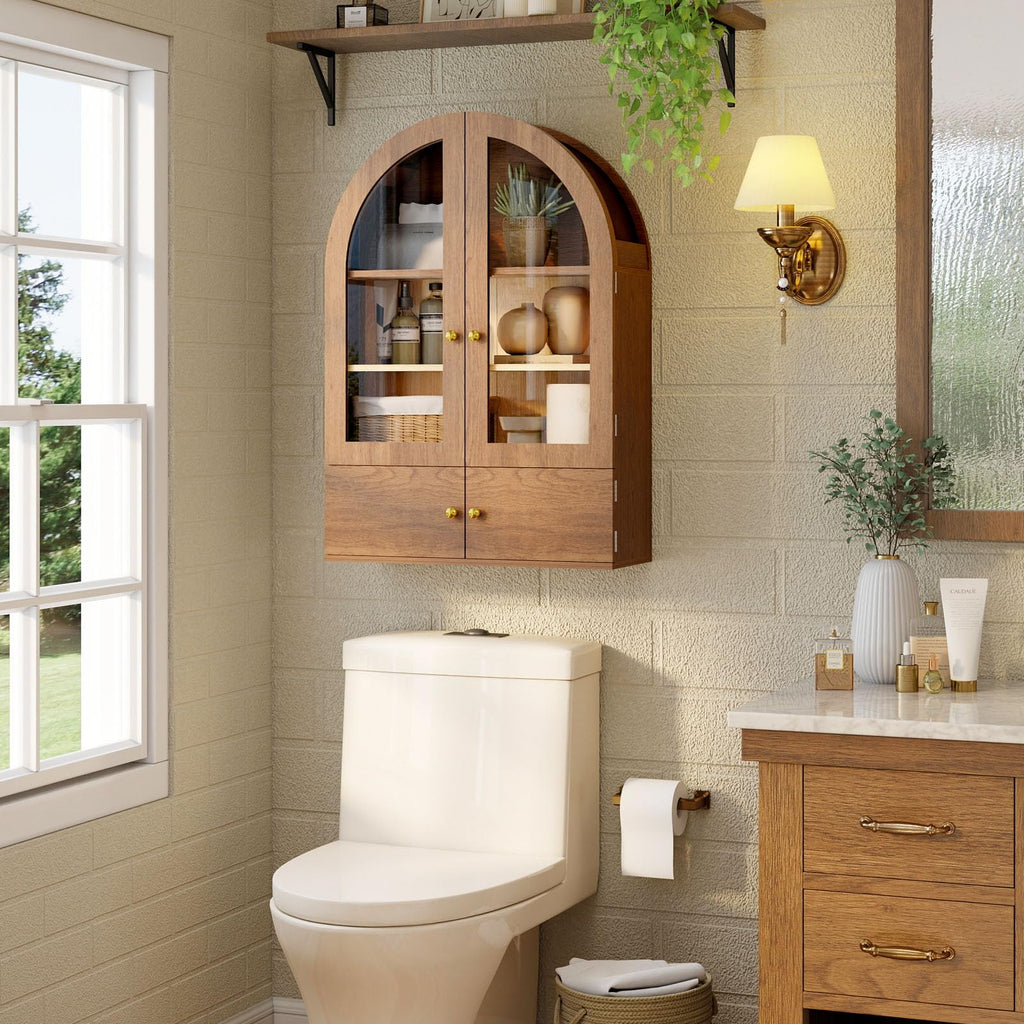 Arched Wall Cabinet with Glass Doors and Adjustable Shelves O7774
