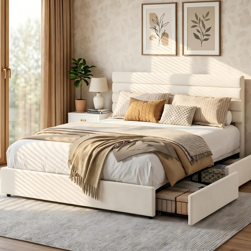Queen Size Velvet Upholstered Storage Bed with 4 Drawers E4237