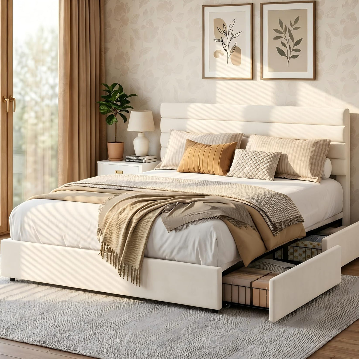 Queen Size Velvet Upholstered Storage Bed with 4 Drawers E4237