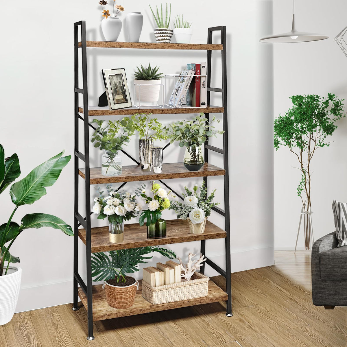 5 Tier Rustic Brown Wood and Metal Bookshelf N10044