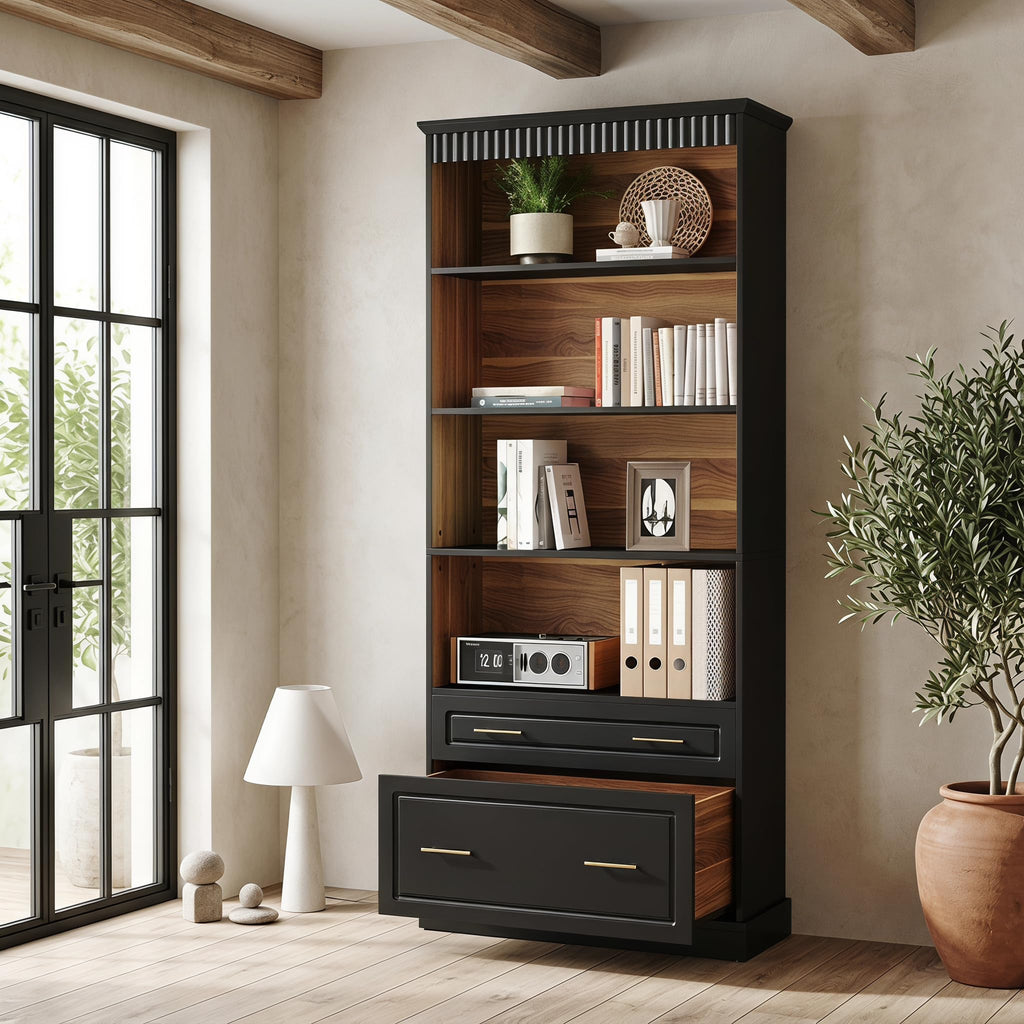 72" Tall Black 5-Tier Bookcase with 2 Drawers S53761