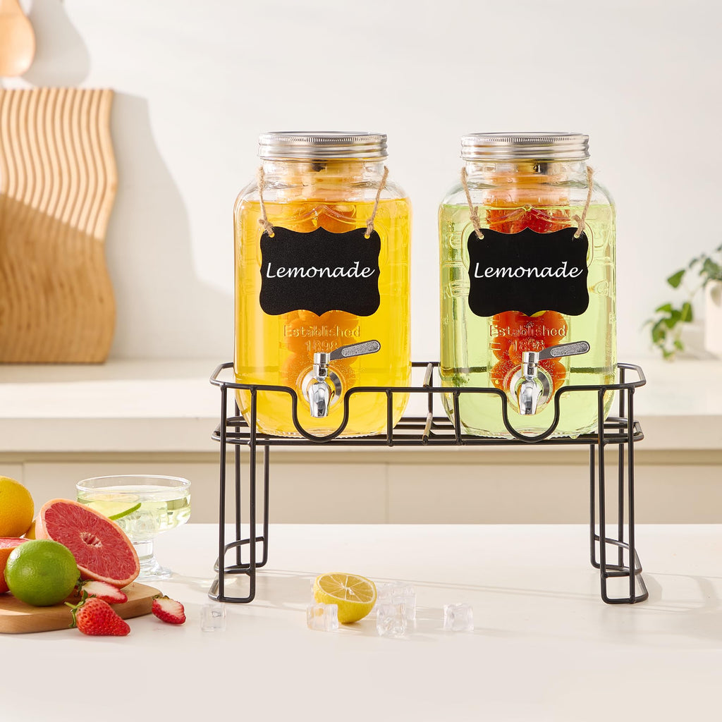 1 Gallon Glass Beverage Dispenser Set of 2 with Stand & Fruit Infuser D997