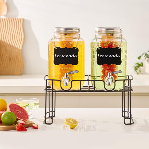 1 Gallon Glass Beverage Dispenser Set of 2 with Stand & Fruit Infuser D997