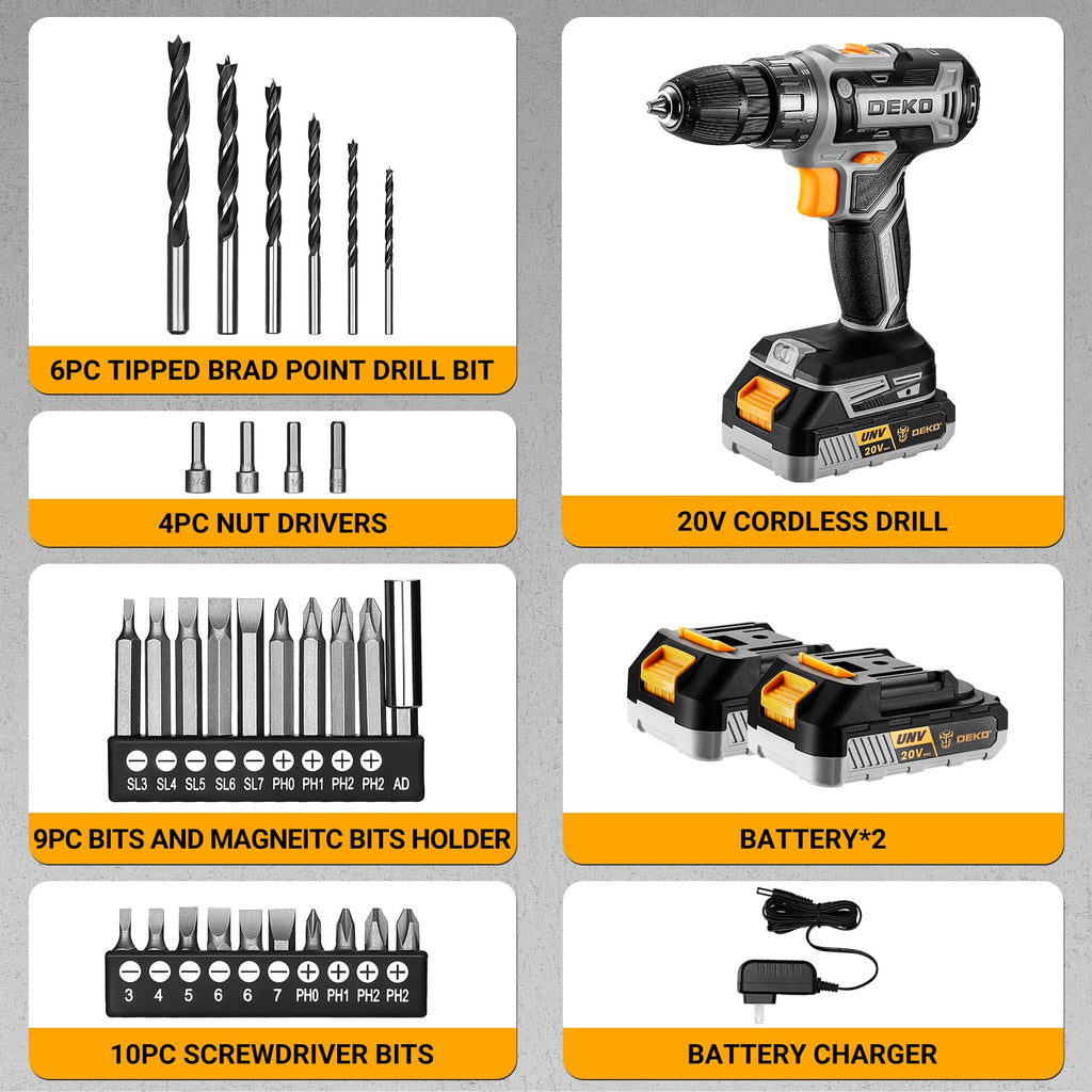 Cordless Power Drill 20V with 3/8-Inch Keyless Chuck, Variable Speed, 2 Batteries O100