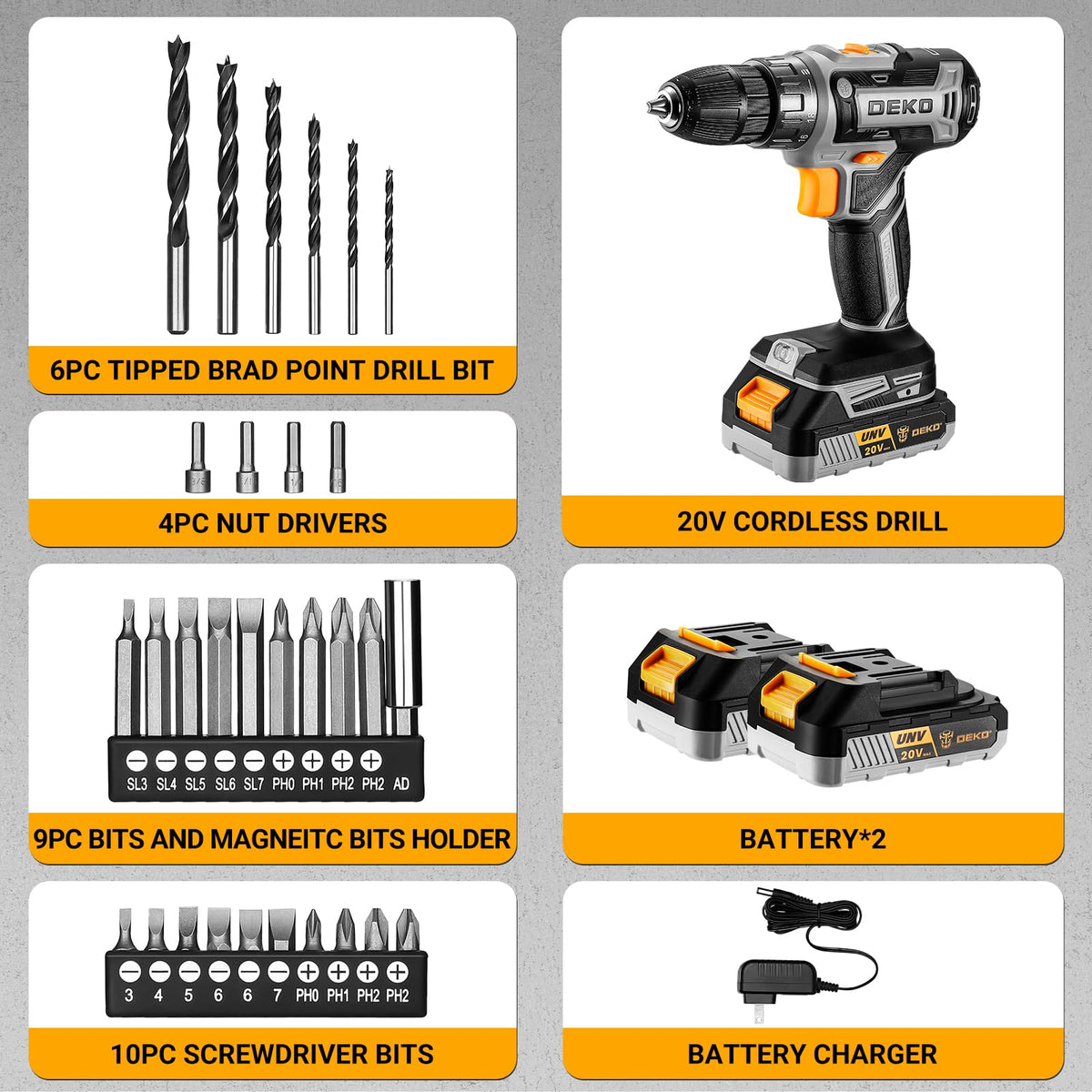 Cordless Power Drill 20V with 3/8-Inch Keyless Chuck, Variable Speed, 2 Batteries O100