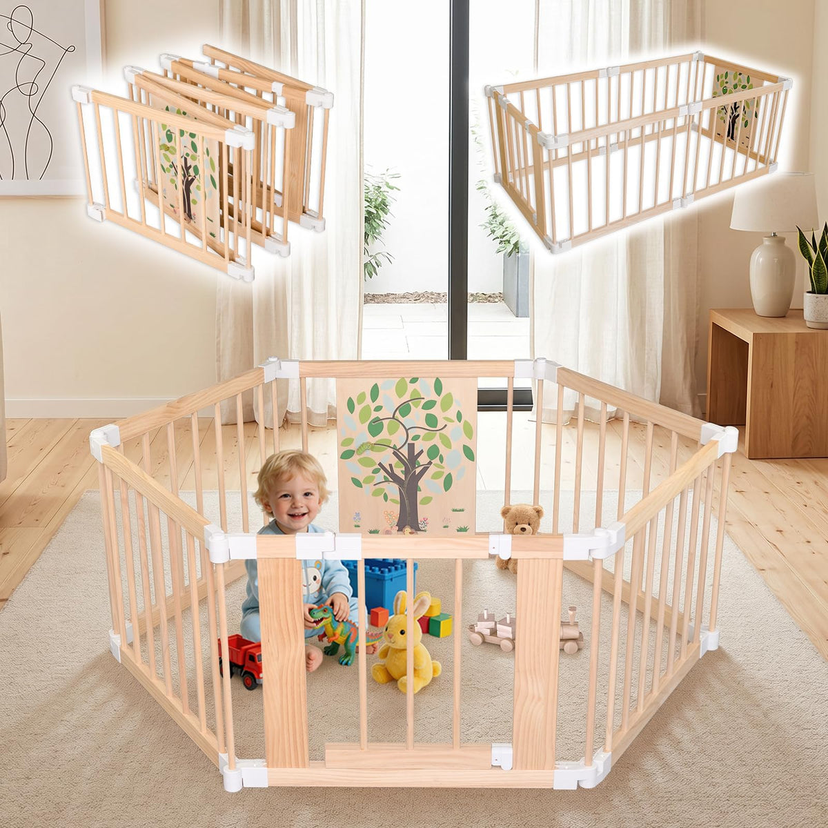 Foldable Wooden Baby Playpen with Adjustable Size and Shape C733