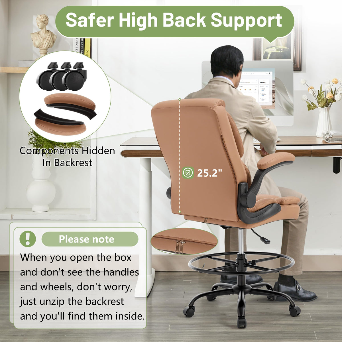 Brown High Back Upholstered Drafting Chair with Flip-up Armrests C342128