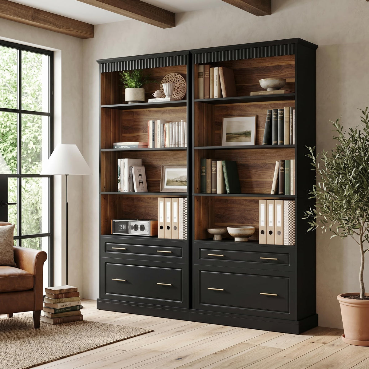 72" Tall Black 5-Tier Bookcase with 2 Drawers S53761