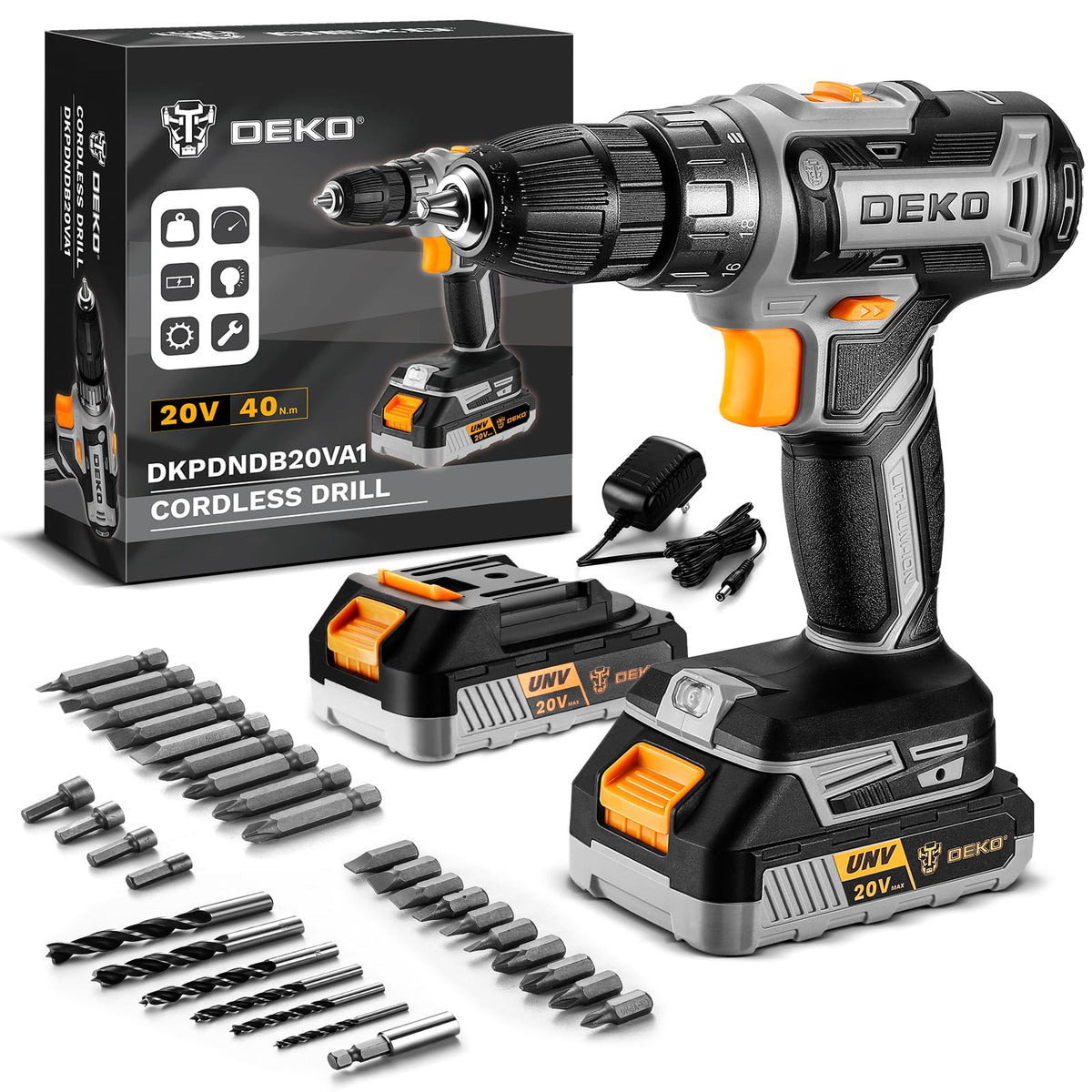 Cordless Power Drill 20V with 3/8-Inch Keyless Chuck, Variable Speed, 2 Batteries O100