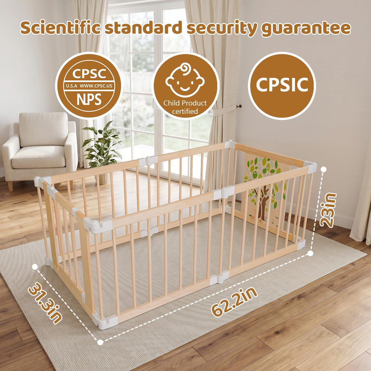 Foldable Wooden Baby Playpen with Adjustable Size and Shape C733