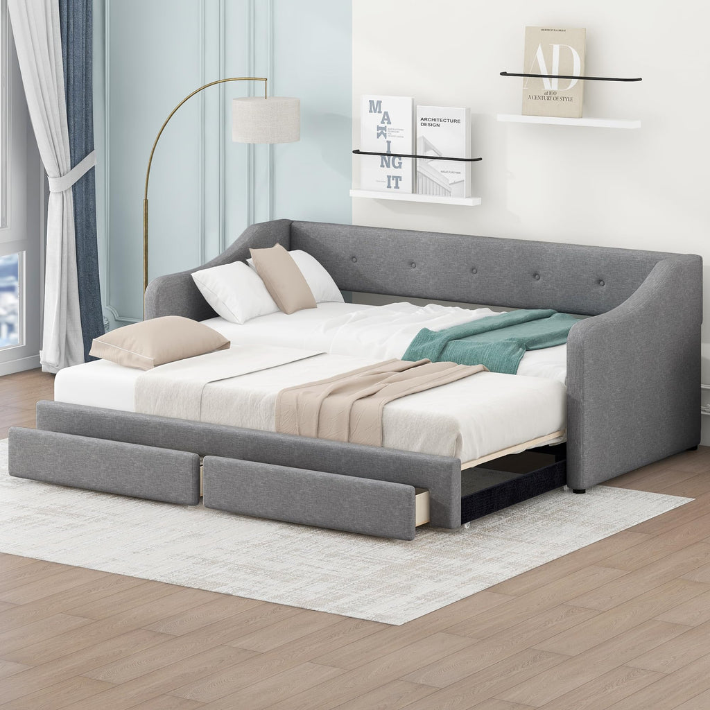 Upholstered Twin XL to King Size Daybed with Pop Up Trundle H51718
