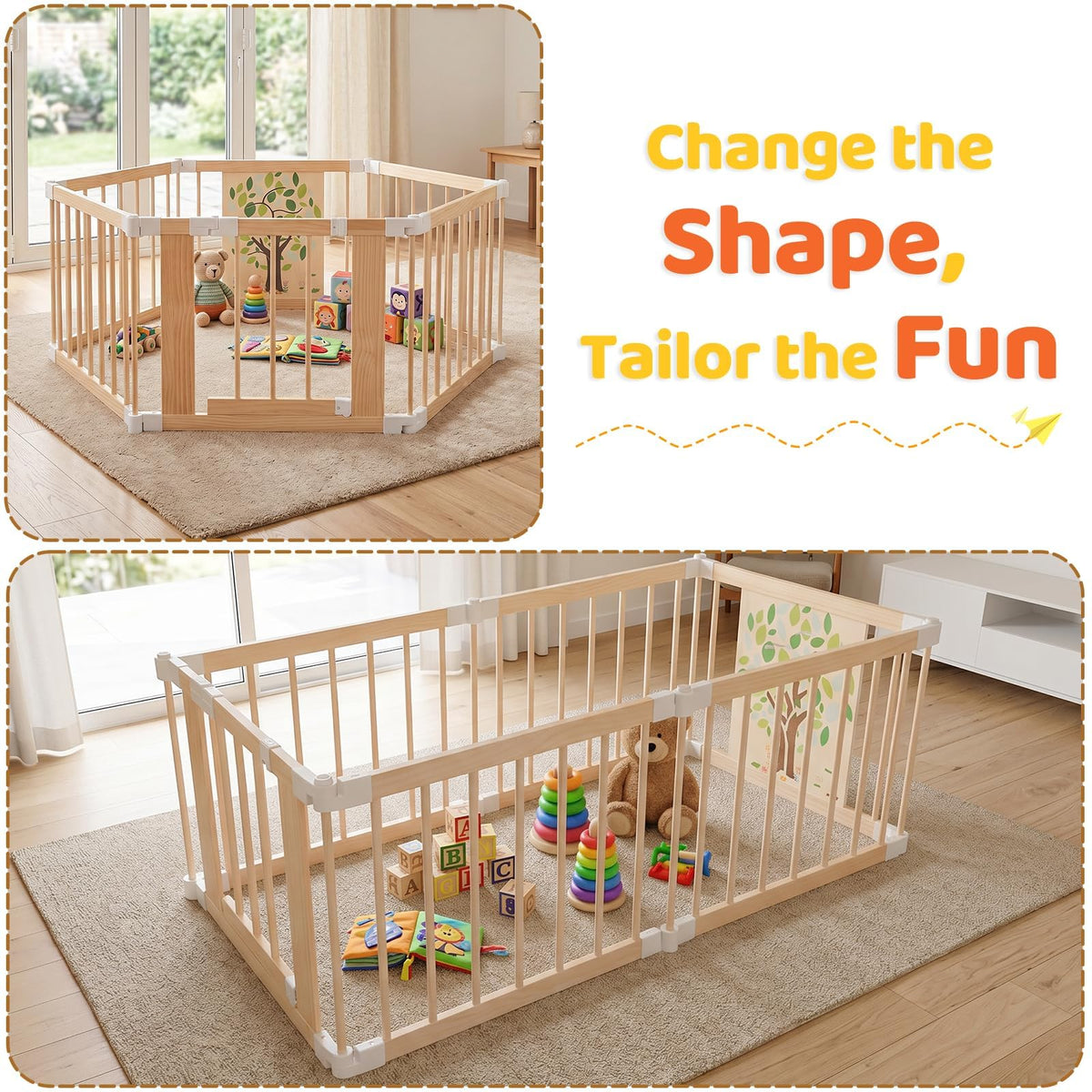 Foldable Wooden Baby Playpen with Adjustable Size and Shape C733