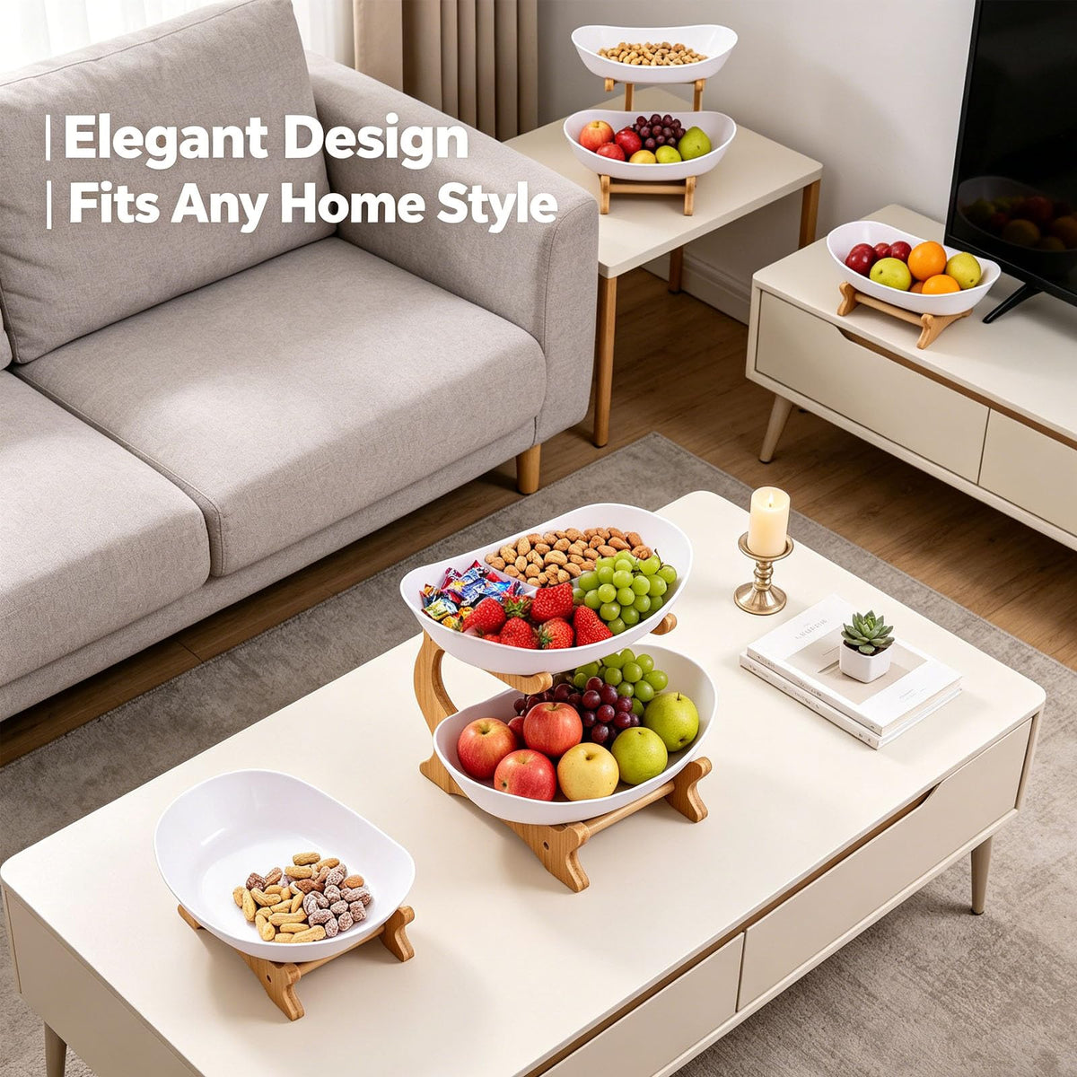 3 Tier Oval Fruit Basket with Bamboo Stand O54685
