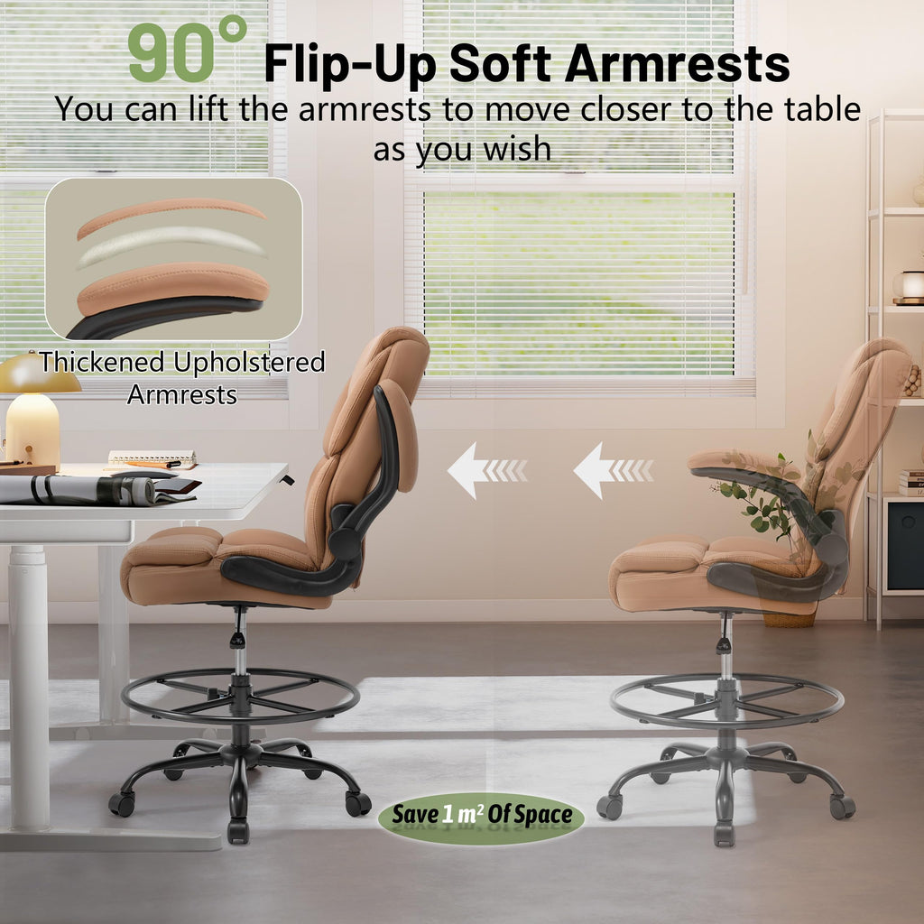 Brown High Back Upholstered Drafting Chair with Flip-up Armrests C342128