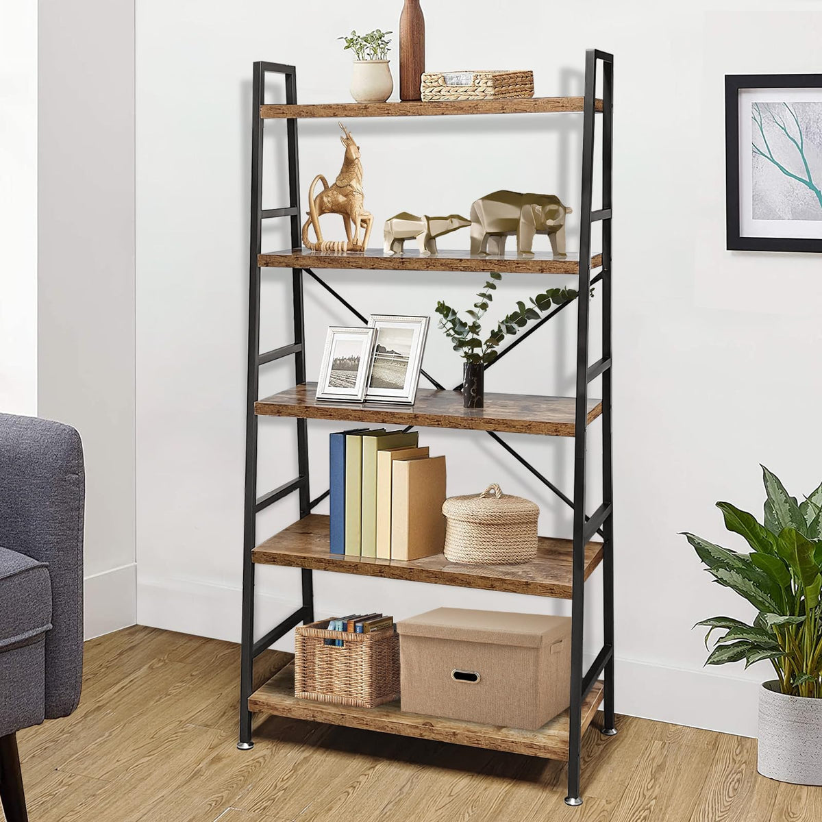 5 Tier Rustic Brown Wood and Metal Bookshelf N10044