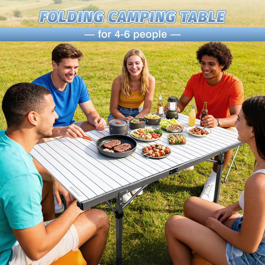 29.9" Tall Folding Camping Table for 2-6 Person, 54.7" Large Aluminum Foldable Roll-up Table Outdoor with Carry Bag for Picnic, Camp, Sturdy, Backyard, Patio J2155