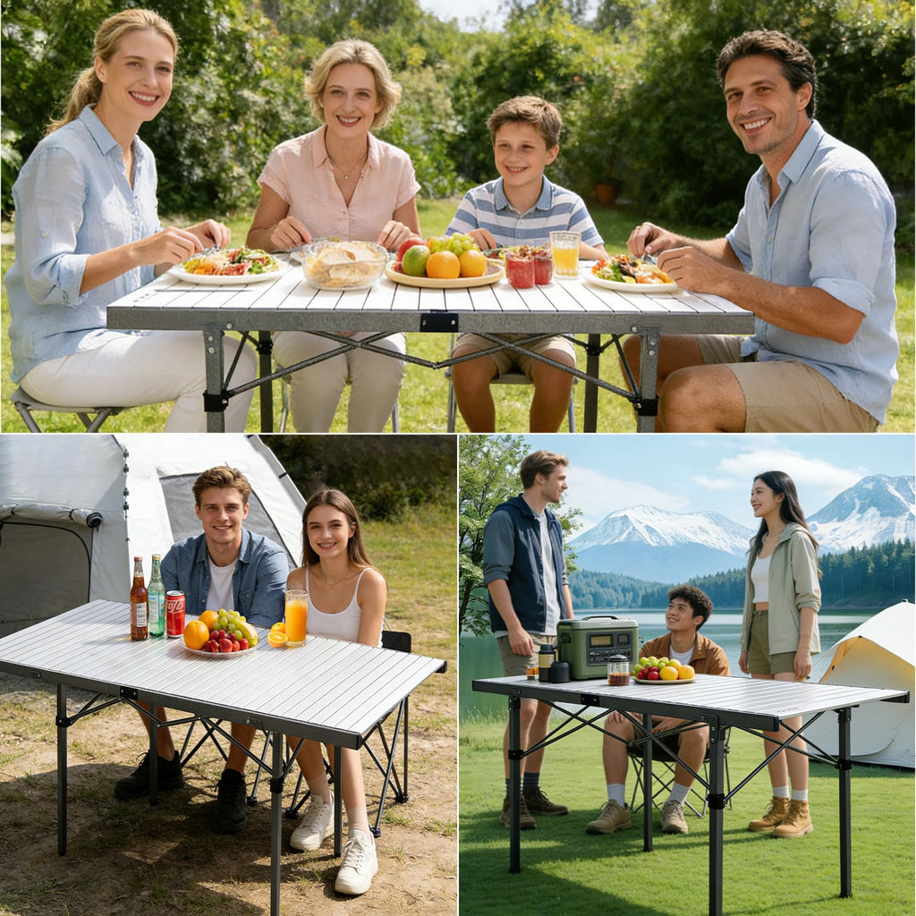 29.9" Tall Folding Camping Table for 2-6 Person, 54.7" Large Aluminum Foldable Roll-up Table Outdoor with Carry Bag for Picnic, Camp, Sturdy, Backyard, Patio J2155