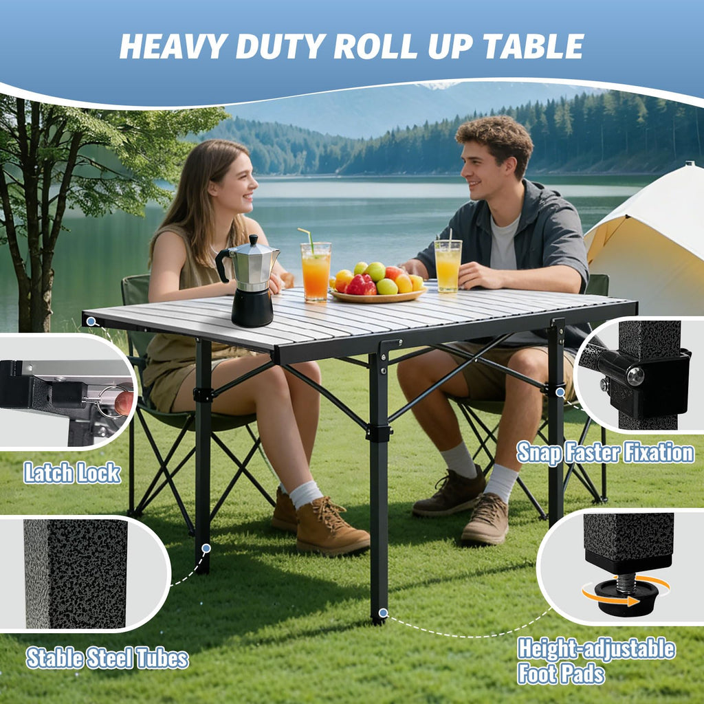 29.9" Tall Folding Camping Table for 2-6 Person, 54.7" Large Aluminum Foldable Roll-up Table Outdoor with Carry Bag for Picnic, Camp, Sturdy, Backyard, Patio J2155
