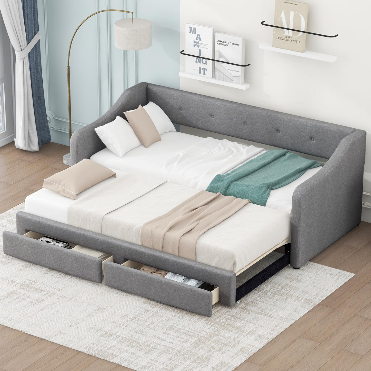 Upholstered Twin XL to King Size Daybed with Pop Up Trundle H51718