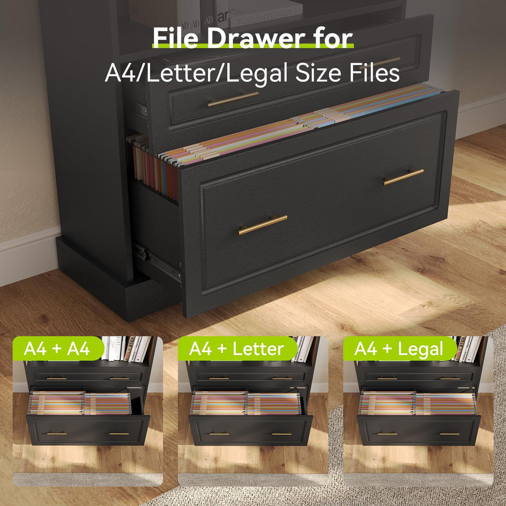 72" Tall Black 5-Tier Bookcase with 2 Drawers S53761