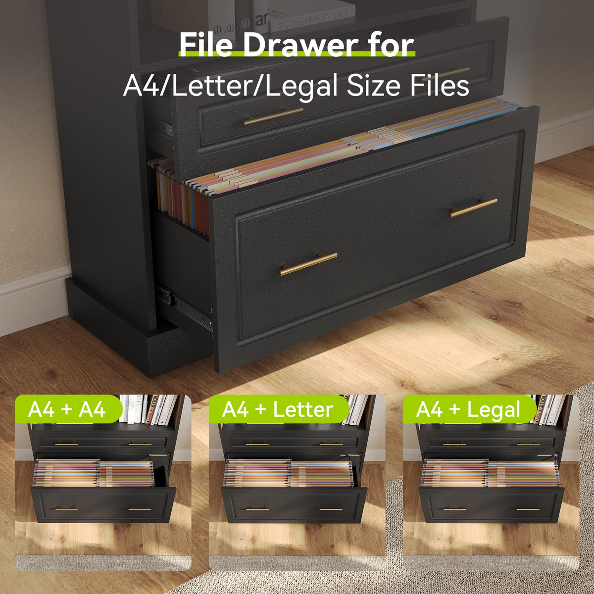 72" Tall Black 5-Tier Bookcase with 2 Drawers S53761