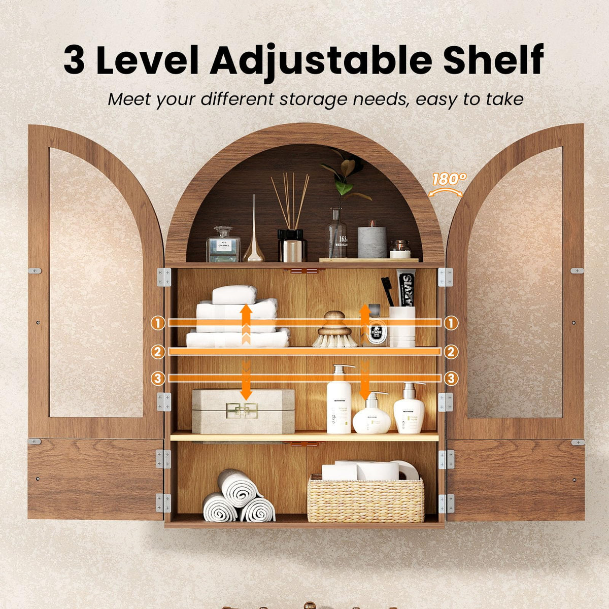 Arched Wall Cabinet with Glass Doors and Adjustable Shelves O7774