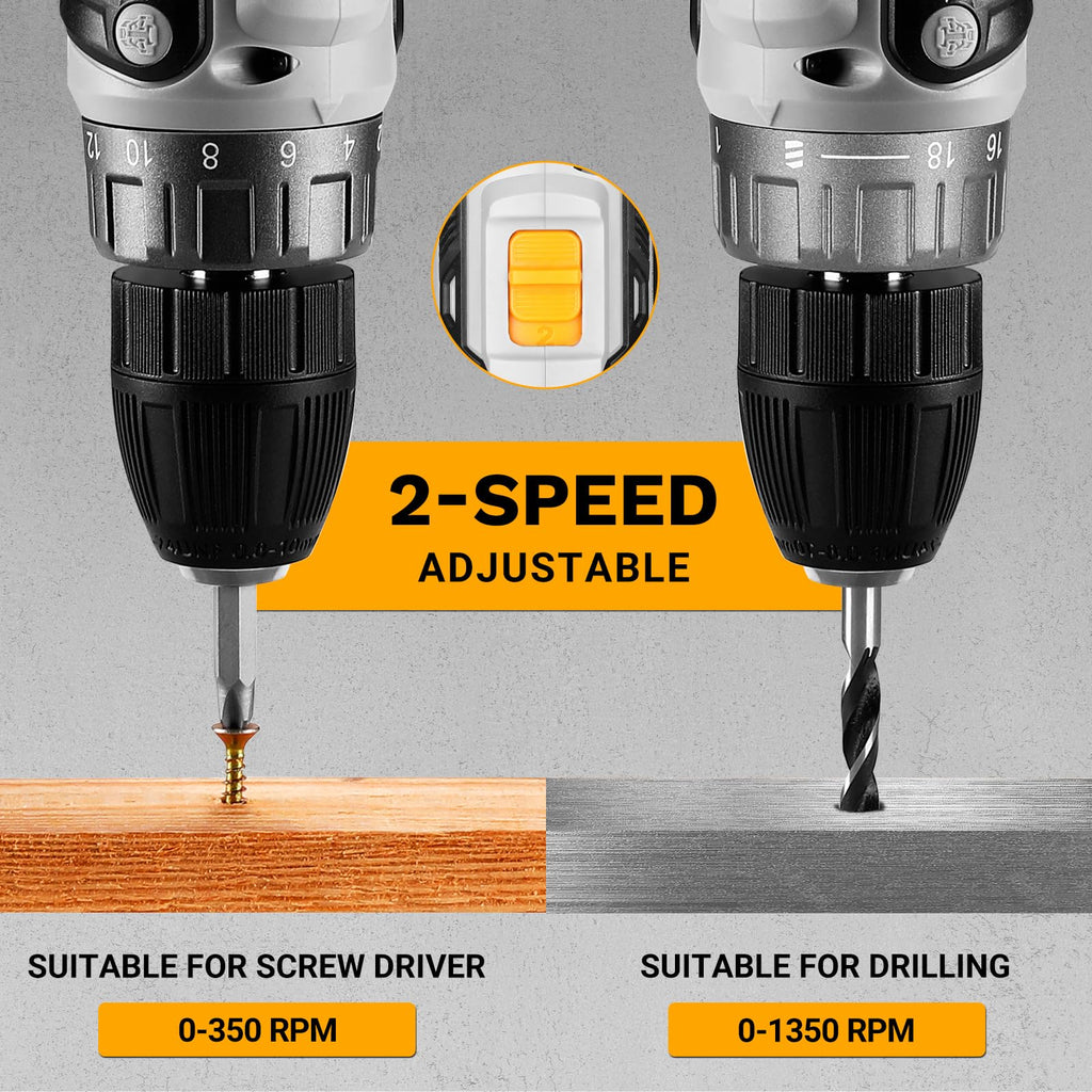 Cordless Power Drill 20V with 3/8-Inch Keyless Chuck, Variable Speed, 2 Batteries O100