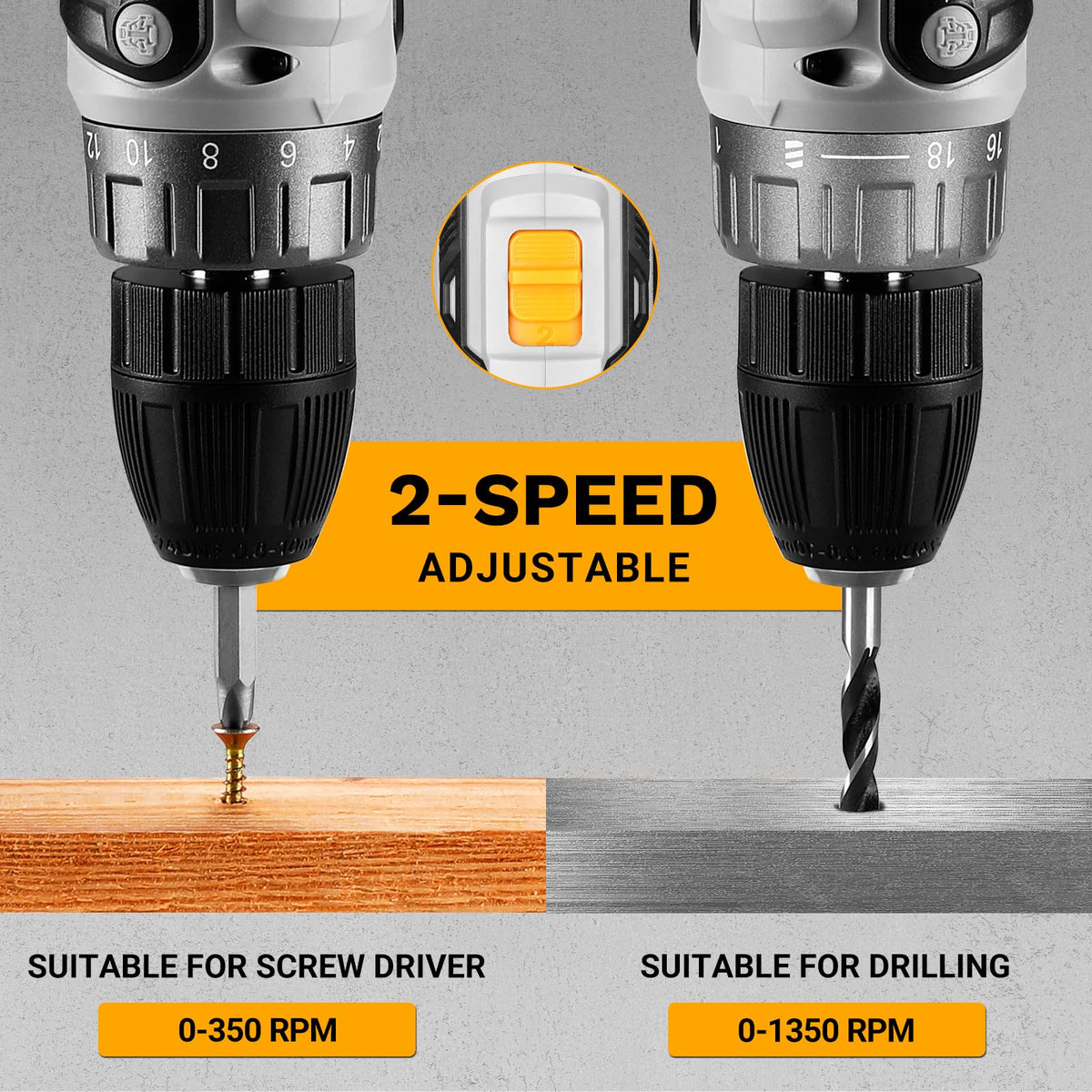 Cordless Power Drill 20V with 3/8-Inch Keyless Chuck, Variable Speed, 2 Batteries O100
