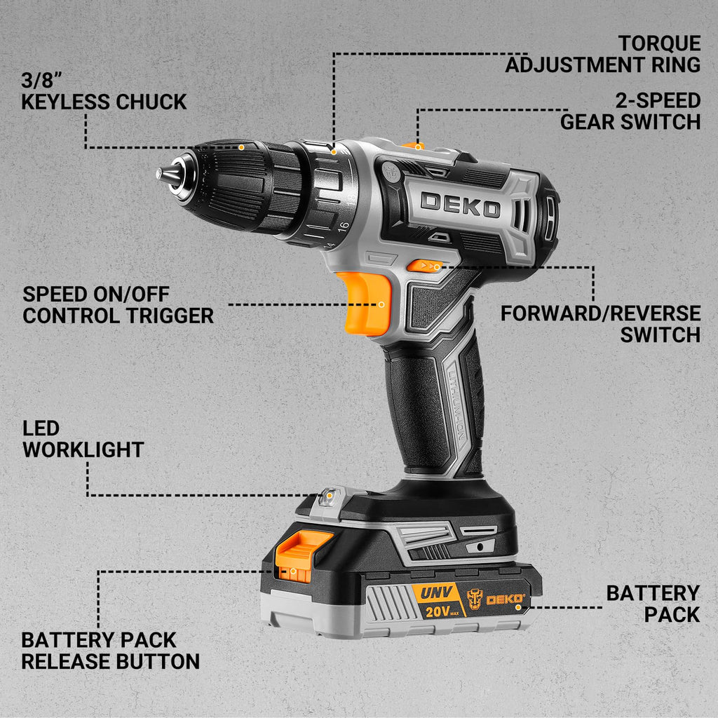 Cordless Power Drill 20V with 3/8-Inch Keyless Chuck, Variable Speed, 2 Batteries O100