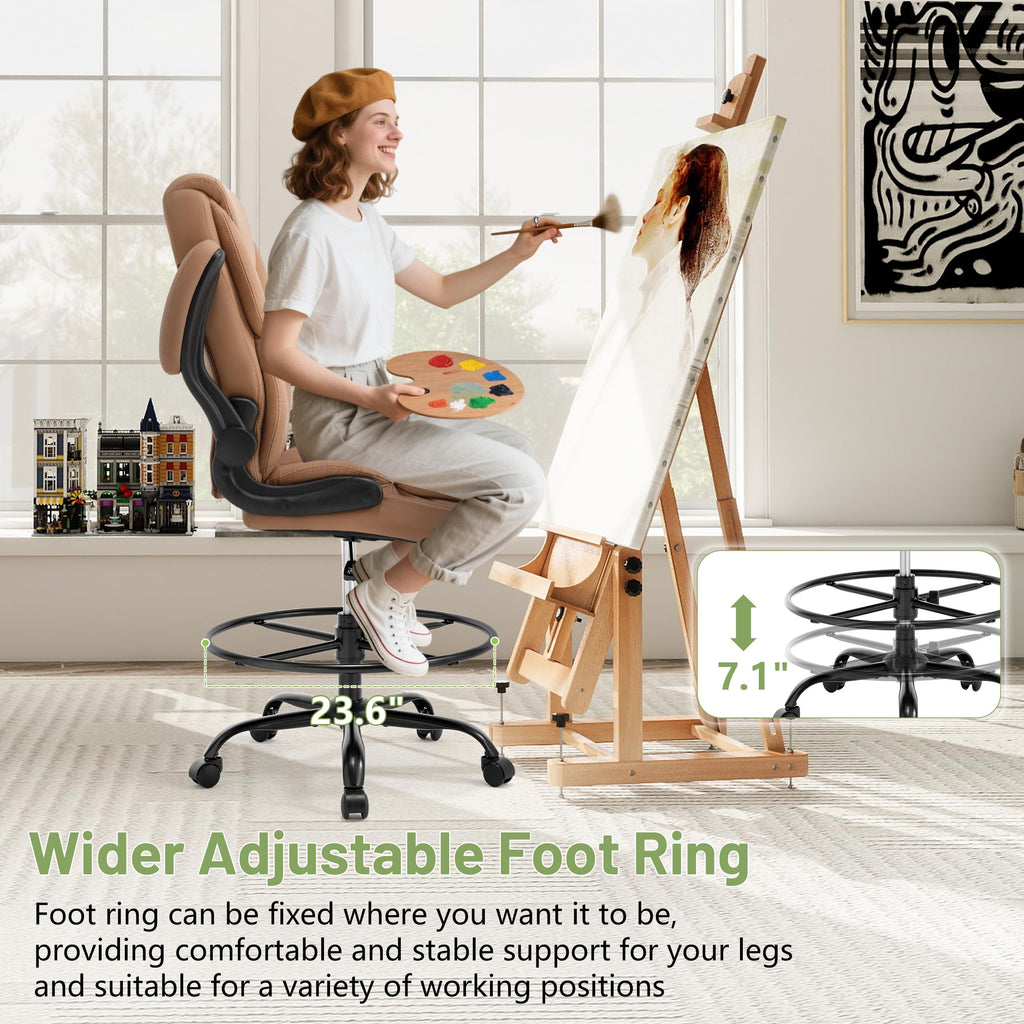 Brown High Back Upholstered Drafting Chair with Flip-up Armrests C342128