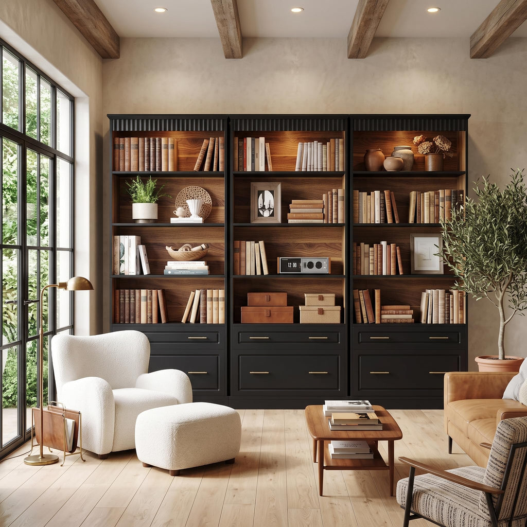 72" Tall Black 5-Tier Bookcase with 2 Drawers S53761