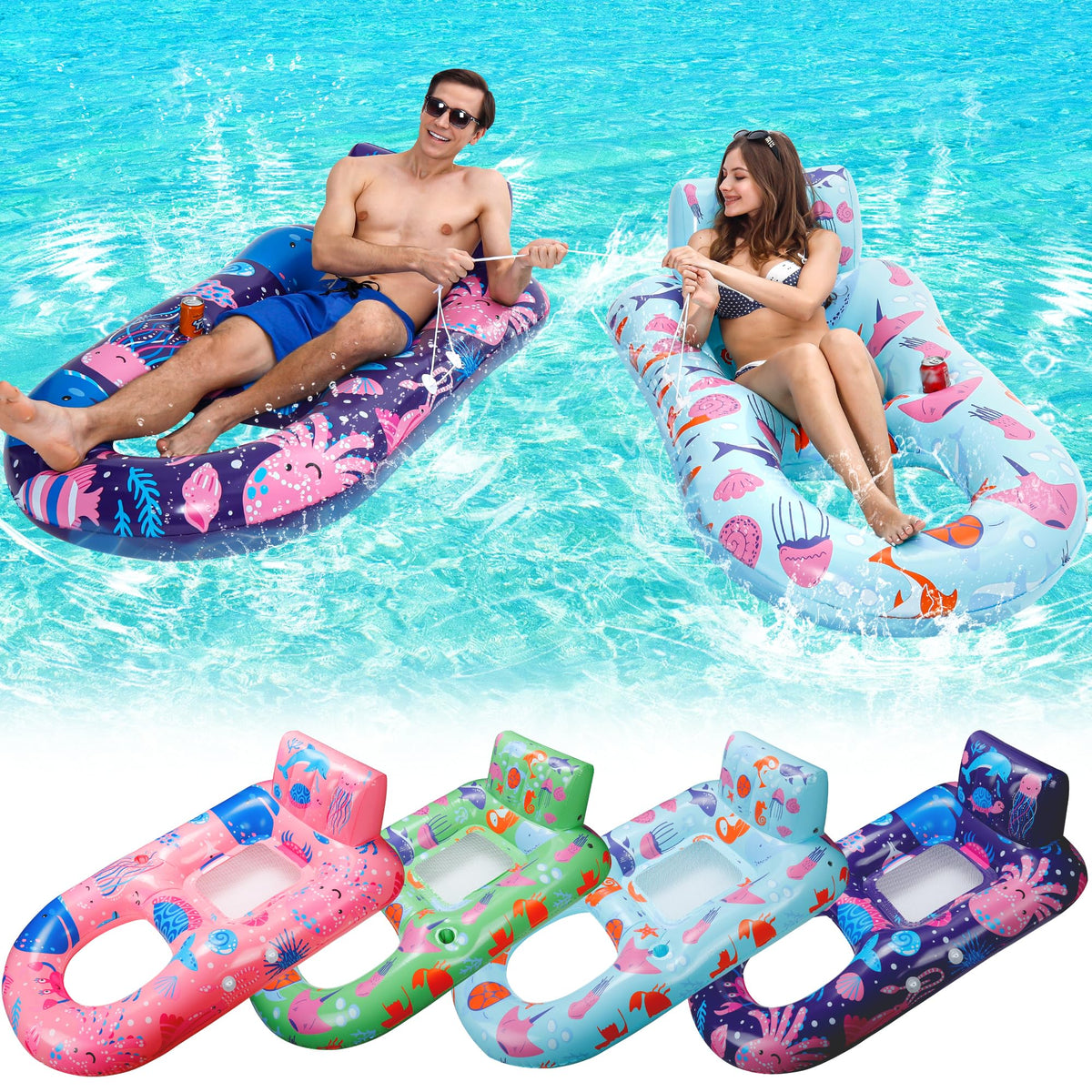 4 Pack Inflatable Pool Lounger with Cup Holder O4647