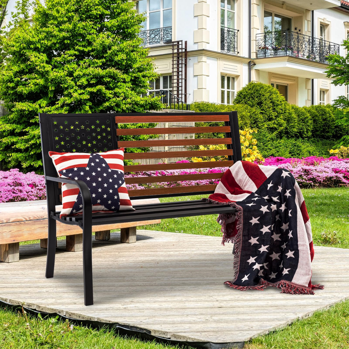 50” Outdoor Garden Bench with Flag Style Cast Iron Metal Frame Z580092