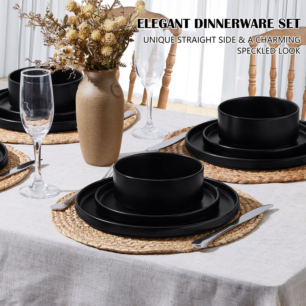 Stoneware Dinnerware Set, 12-Piece Plates and Bowls, Set of 4, Matte Black I7466