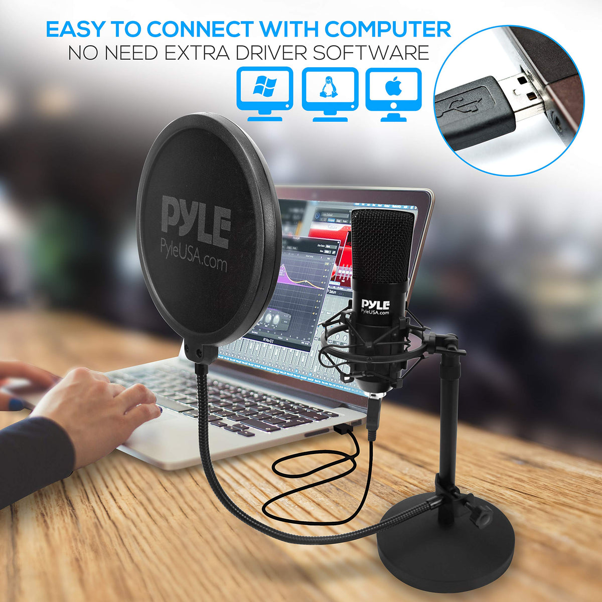 USB Cardioid Condenser Microphone with Desktop Stand and Pop Filter M423