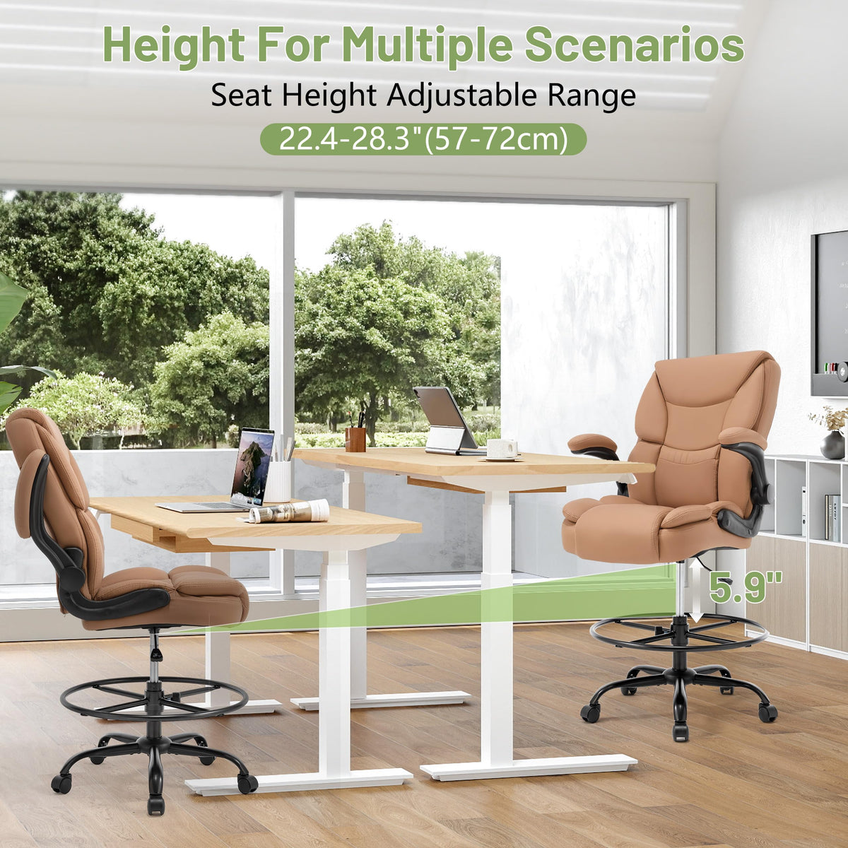 Brown High Back Upholstered Drafting Chair with Flip-up Armrests C342128